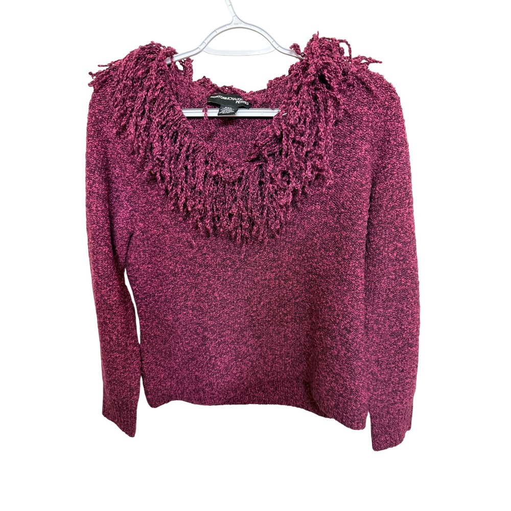 Norton McNaughton Petites PXL Sweater Berry Marled Fringe Neck Long Sleeve